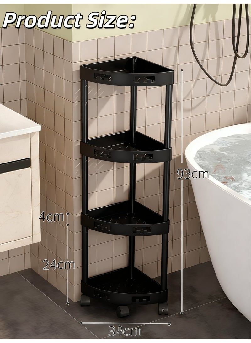 شو وو رف تخزين بأربعة أرفف، عربة تخزين بأربعة أرفف، عربة تنظيم تخزين بعجلات، عربة تخزين متعددة الوظائف للمكتب، منظم أرفف متحرك للحمام، رف زاوية مثلث، عربة دوارة للاستحمام، غرفة المعيشة، المطبخ، غرفة النوم (أسود) - Image 2